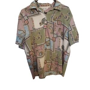 Vintage Wing Ming Paisley Print Blouse Short Sleeve Sparkling  Buttons‎ Size XL